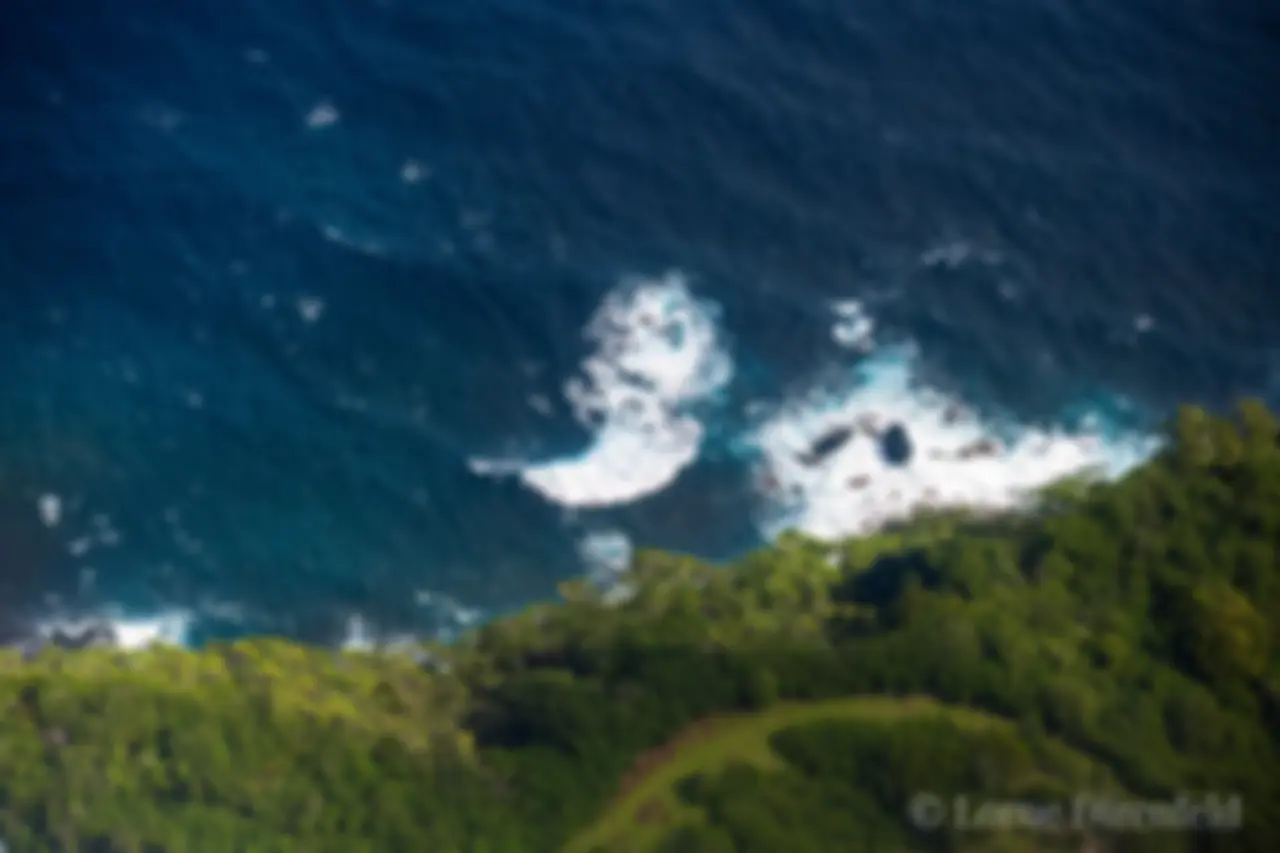Looking down a cliff near Huelo on the north shore of Maui from 1000 feet above . . .